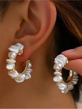 Gold Colour Faux Pearl Hoop Earrings
